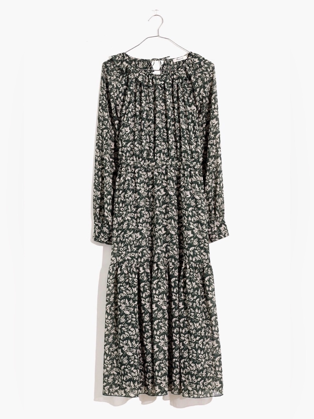 Madewell Ruffle-Neck Tiered Midi Dress in Olive Green Floral
